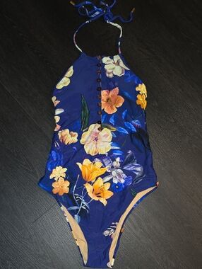 Floral Halter One-Piece Swimsuit in Navy
